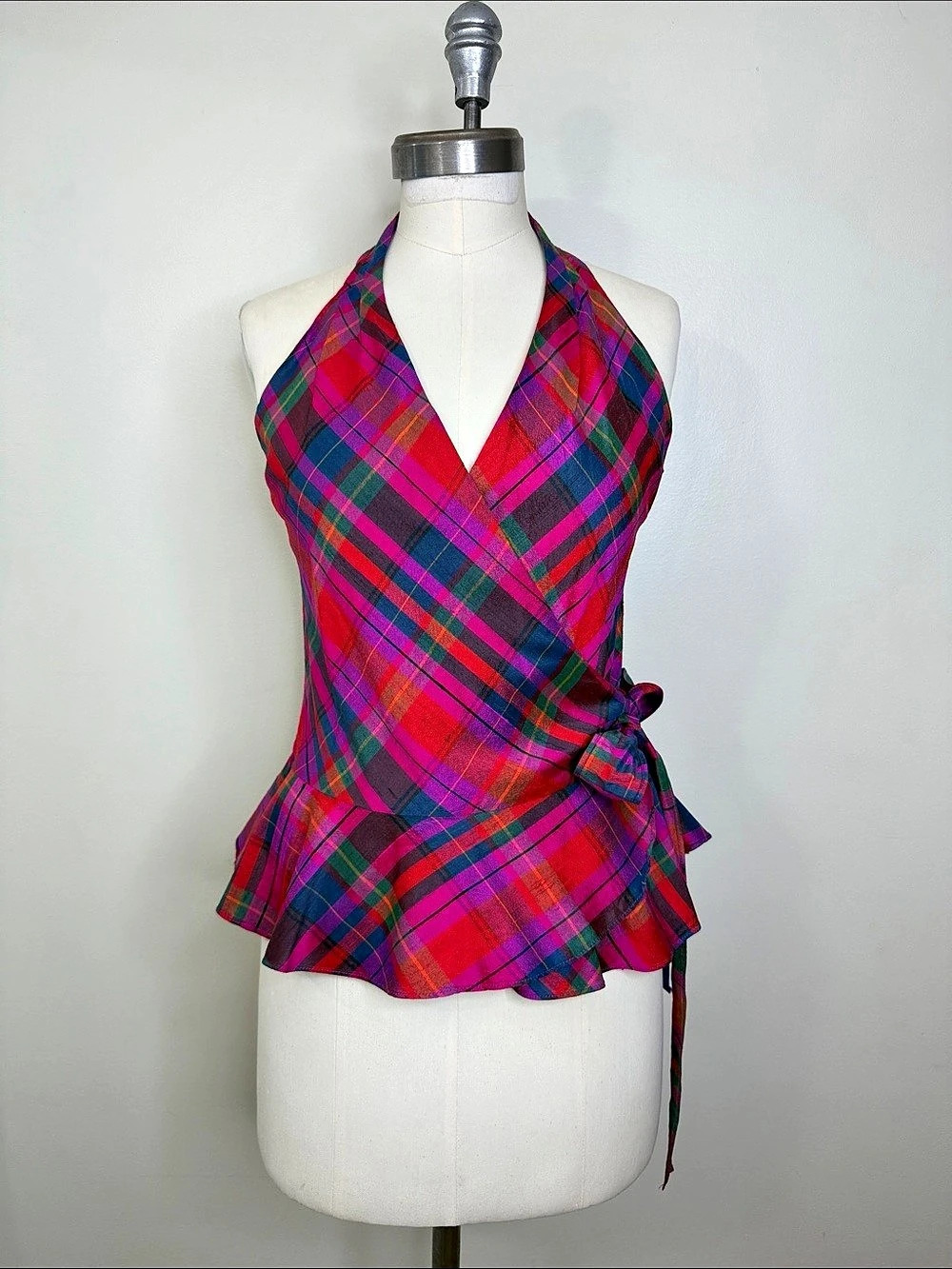 100% SILK LAUREN RALPH LAUREN PLAID SILK WRAP PEPLUM TOP PINK & BLUE SIZE 6 LIKE